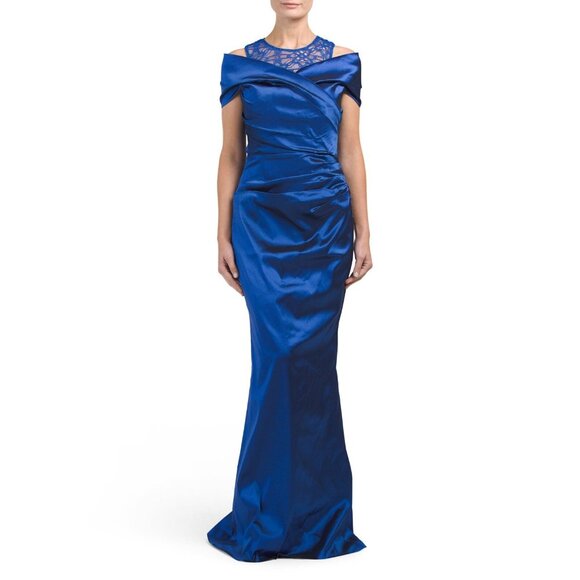 NWT Rickie Freeman for Teri Jon Royal Blue Ruched Off Shoulder Lace Neck Dress 4 - Picture 1 of 6